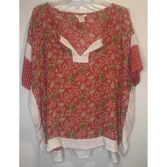 Sundance Women’s Pink Green Silk Floral Print V-Neck Short Sleeve Blouse Top L - Picture 1 of 10